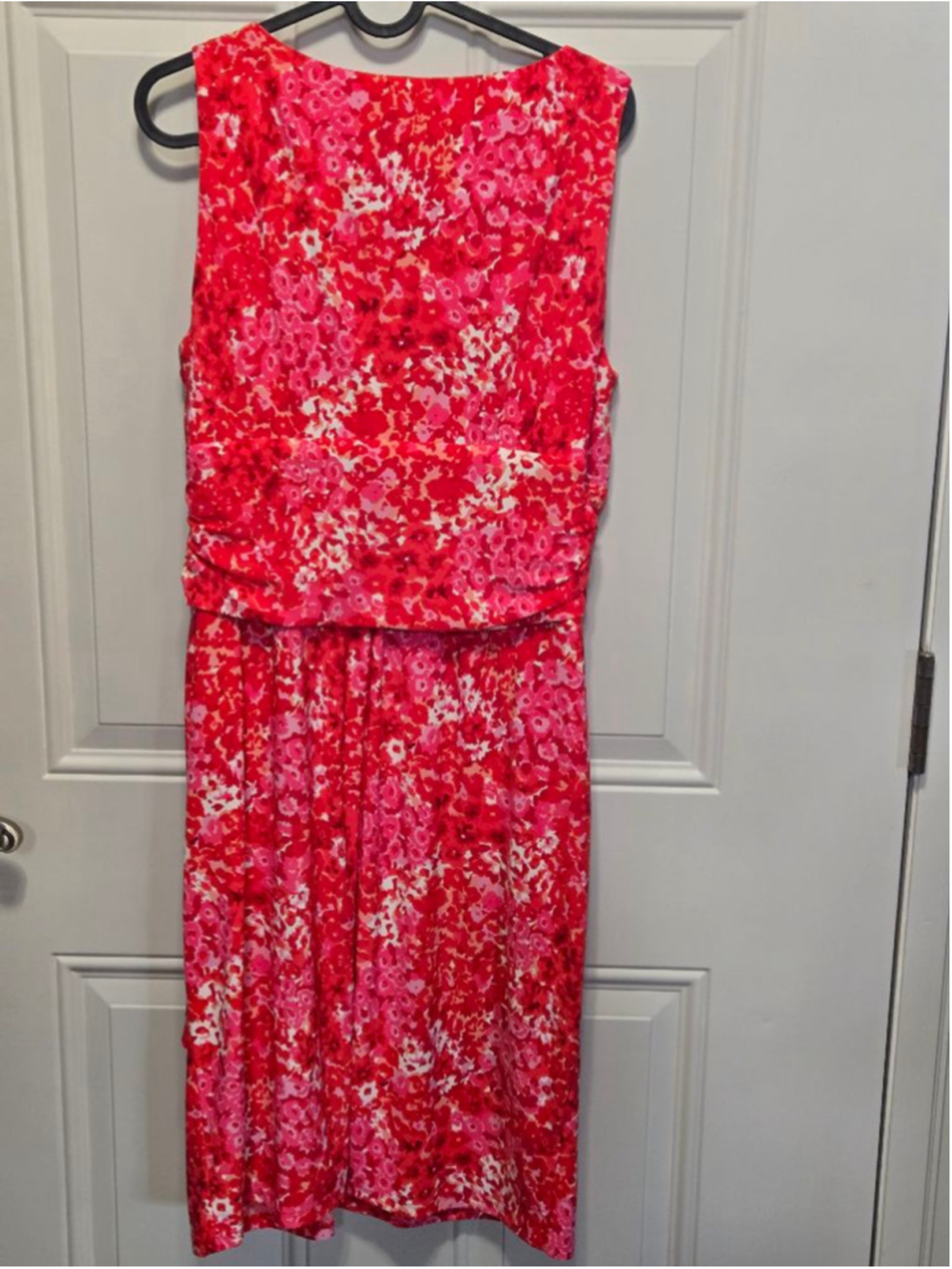 Chaps Floral Faux Wrap Dress Pink Coral Sleeveless Ruched Ruffle Sheath size L - Picture 7 of 9